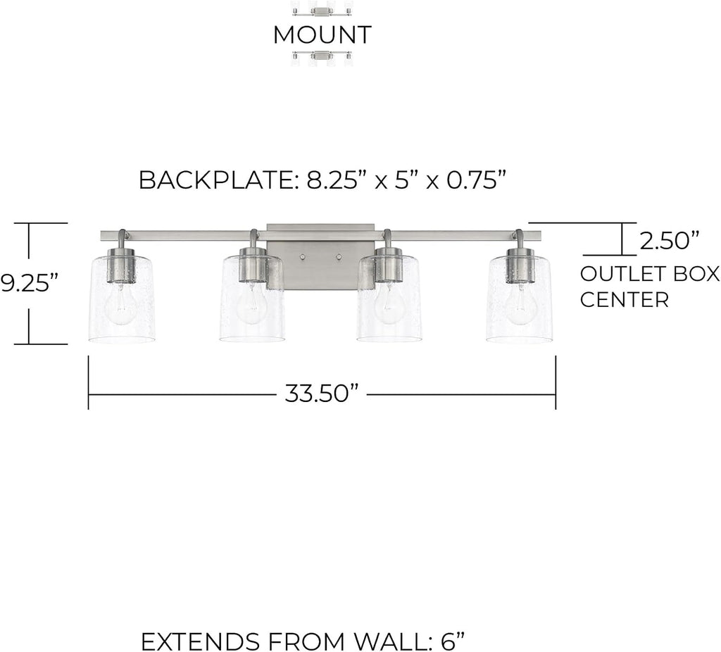 HomePlace Lighting 128541BN-449 Greyson Urban/Industrial Clear Seeded Glass Bathroom Vanity Wall Light, 4-Light 400 Total Watts, 9' H x 34' W, Brushed Nickel
