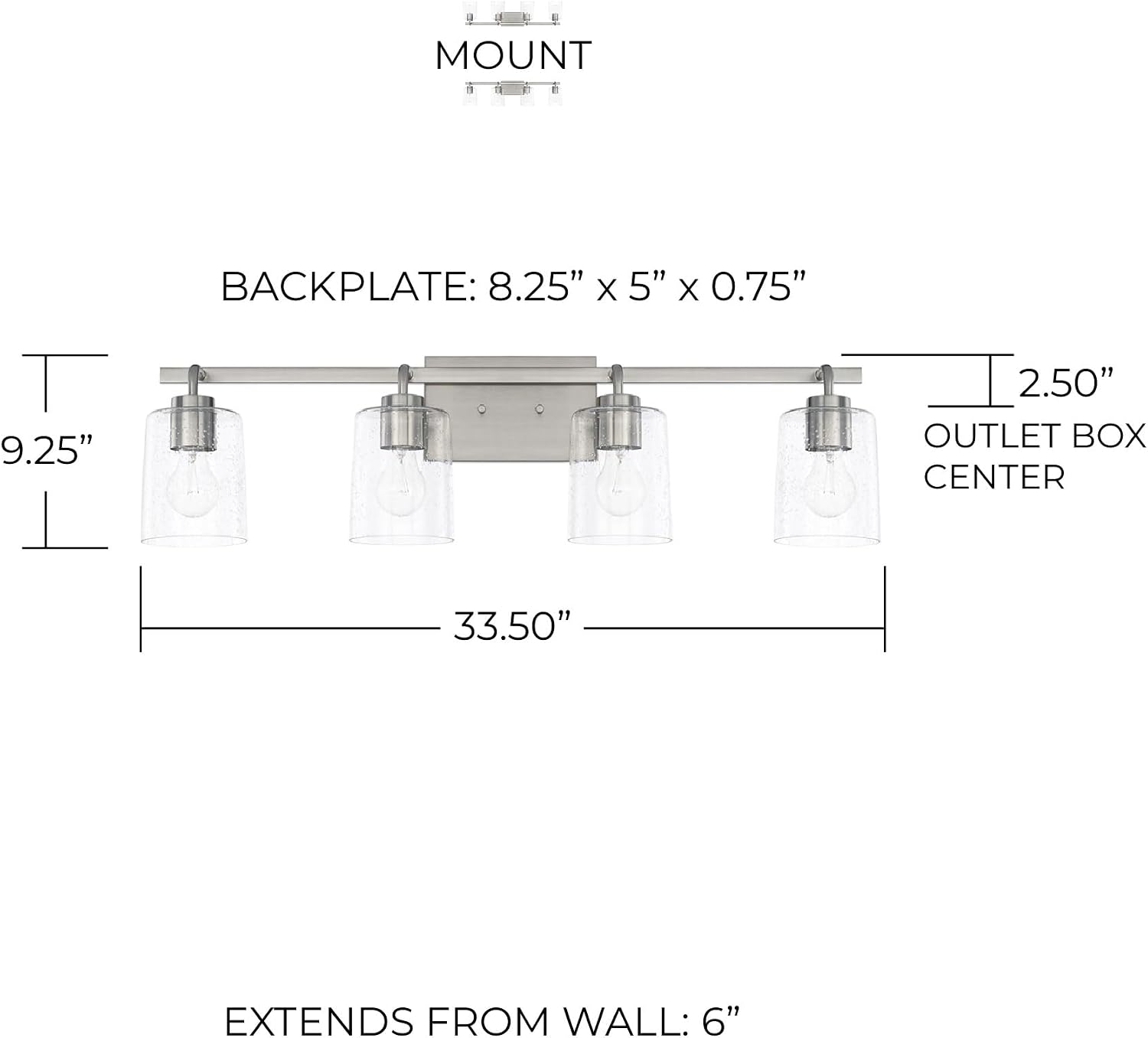 HomePlace Lighting 128541BN-449 Greyson Urban/Industrial Clear Seeded Glass Bathroom Vanity Wall Light, 4-Light 400 Total Watts, 9' H x 34' W, Brushed Nickel