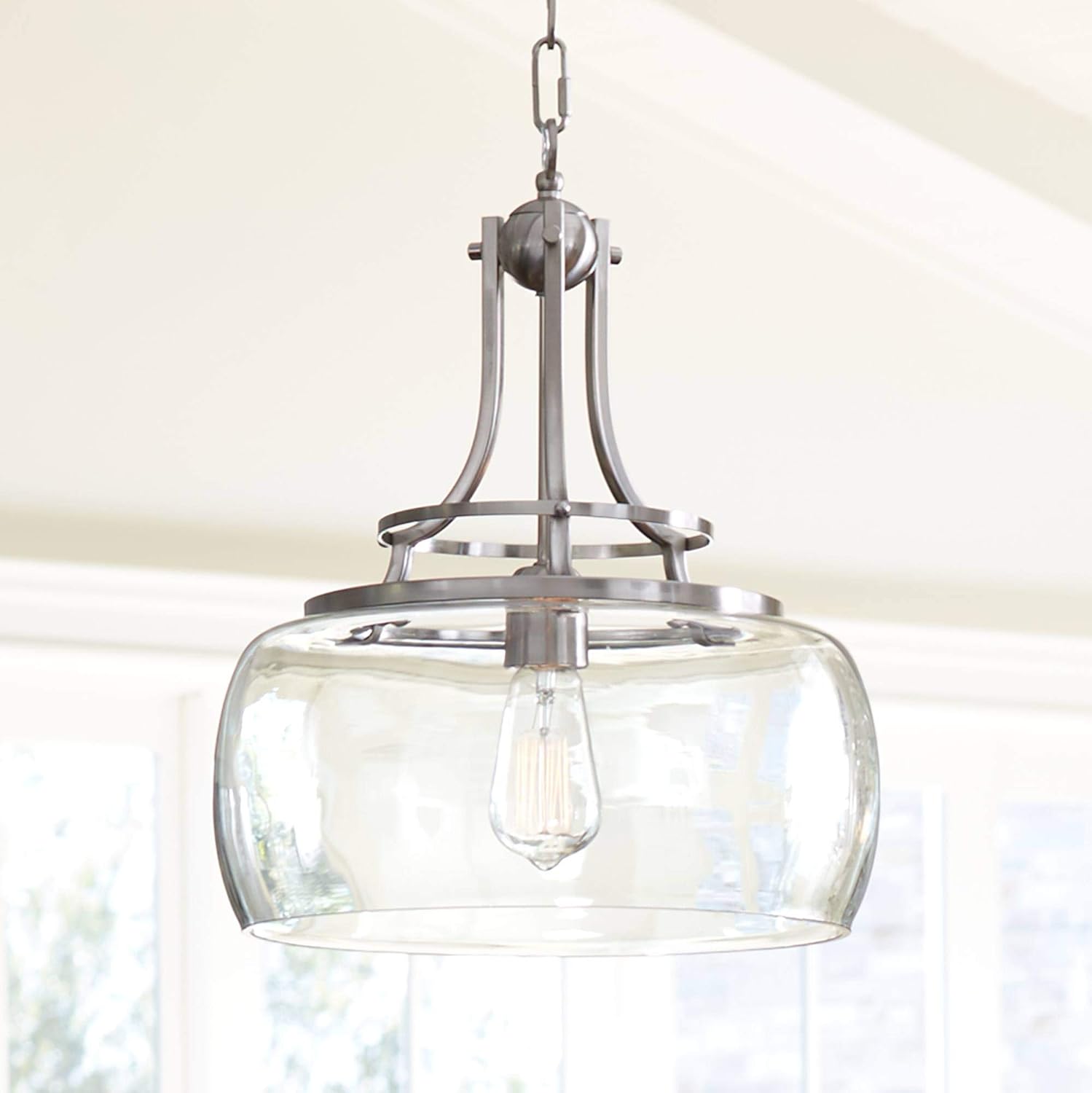 Franklin Iron Works Pendant Light Fixture - Charleston Brushed Nickel, Clear Glass, Farmhouse Pendant Light for Kitchen Islands, Living Rooms, Dining Rooms, and Bedrooms - 13 1/2' Wide, 16' High