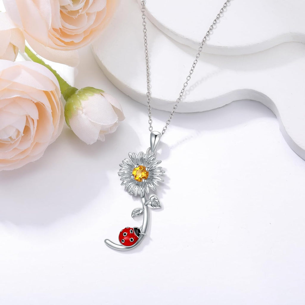 Daisy Ladybug Necklace 925 Sterling Silver Natural Citrine Daisy Flower Red Ladybug Pendant Jewelry Gifts for Women