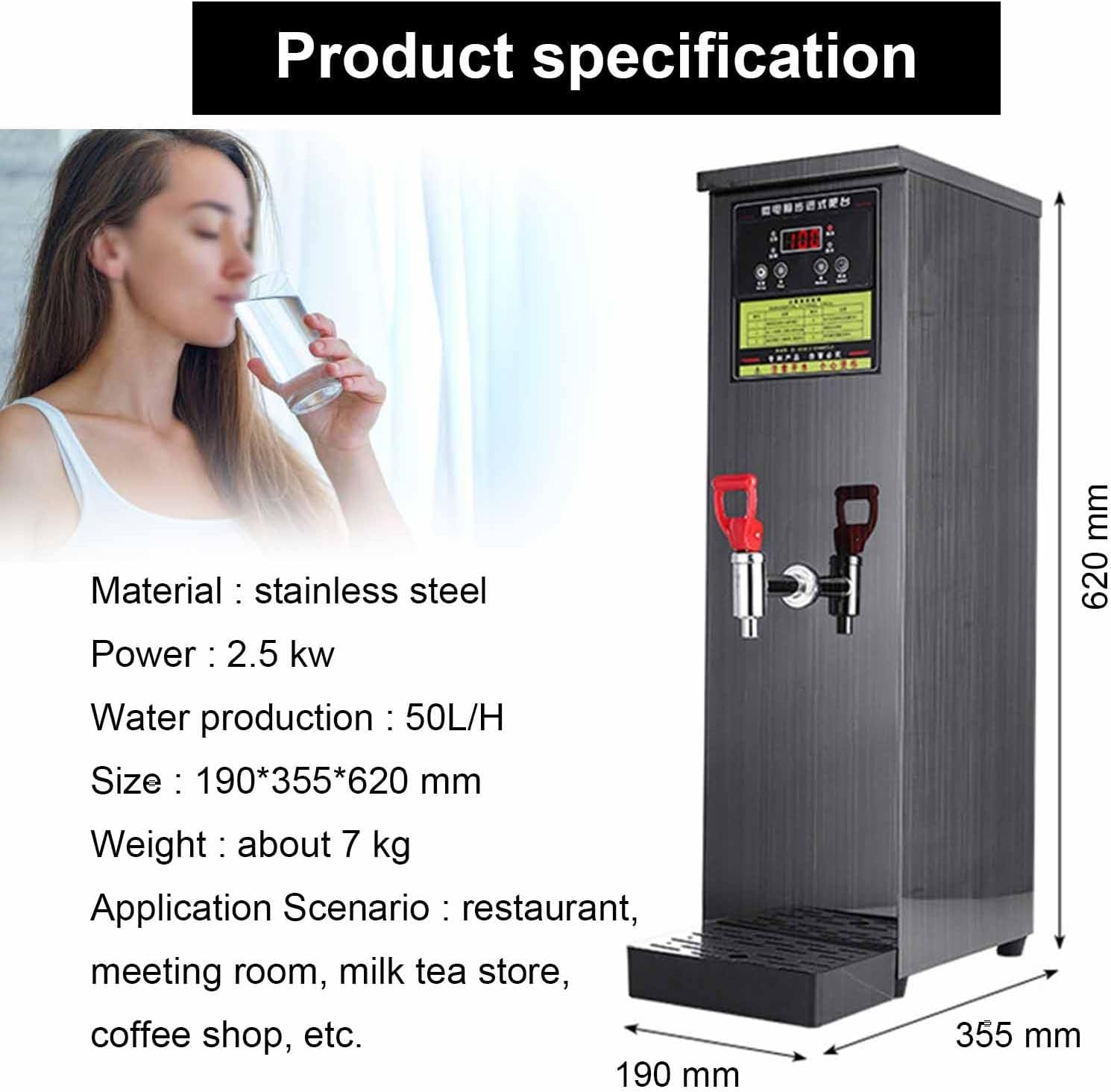 Auto Fill Water Boiler, Commercial Hot Water Dispenser Boiler, 40-100°C Temperature Adjustment, Stainless Steel Material, with Drip Tray, for Brewing Coffee, Milk Tea, Hot Cocoa,Black