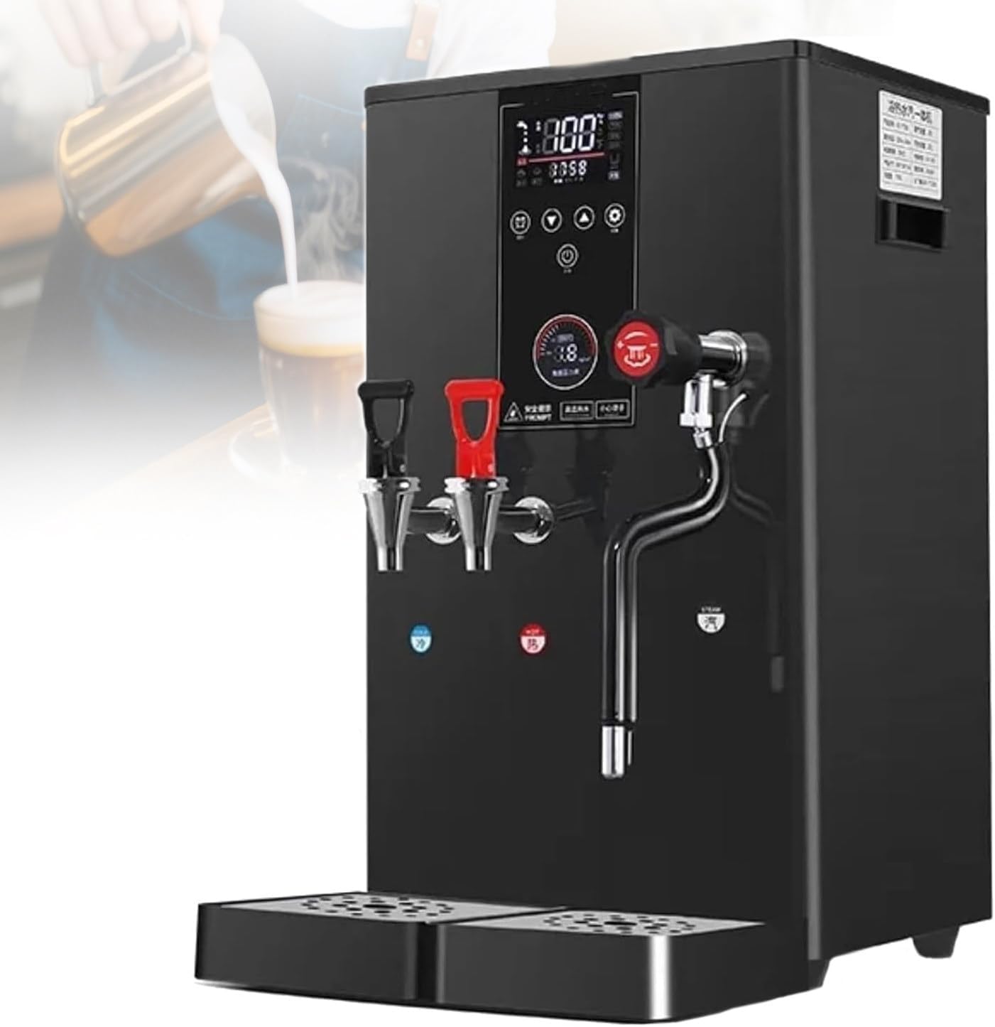 Commercial Steam Milk Frother & Hot Water Boiler,3000w 20l Large Capacity,Dual Hot/Cold Outlets,LED Display,360° Steam Wand,For Coffee Shops,Bubble Tea Stores(50l/H Output,304 Stainless Steel) Black