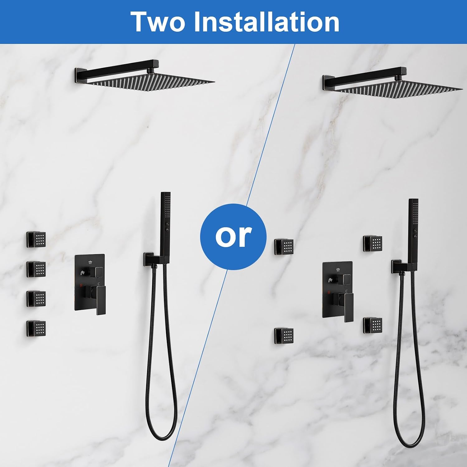 RUMOSE Rainfall Shower System with 4 Body Jets Wall Mounted 4 Mode Shower Faucet Set with 12 Inch Rain Shower Head and 2 in 1 Handheld Spray, Oil Rubbed Bronze Brass Shower Fixtures, Rough-in Valve