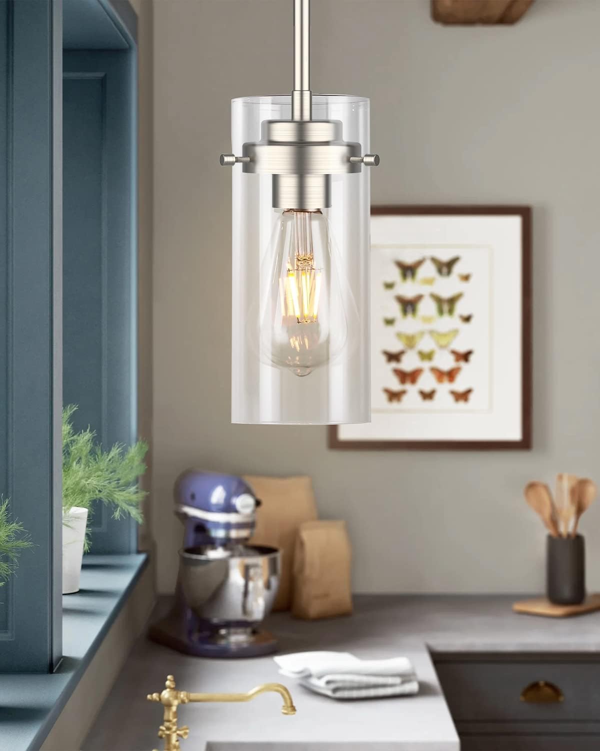 EAPUDUN Pendant Lights Kitchen Island (3 Pack), Clear Glass Shade Kitchen Lighting fixtures Ceiling Hanging, Brushed Nickel Light for Kitchen Island,Dining Room,Corridor Bedroom E26 Base