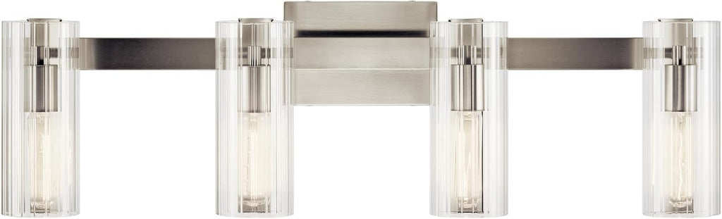 Kichler Jemsa 4-Light Bathroom Vanity Light Fixture with Clear Fluted Glass in Brushed Nickel, Modern Wall Mount Light for Bathroom or Powder Room (9.75' x 32'), 55169NI