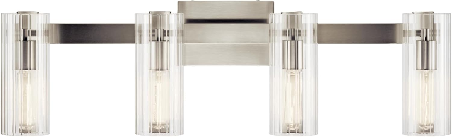 Kichler Jemsa 4-Light Bathroom Vanity Light Fixture with Clear Fluted Glass in Brushed Nickel, Modern Wall Mount Light for Bathroom or Powder Room (9.75' x 32'), 55169NI