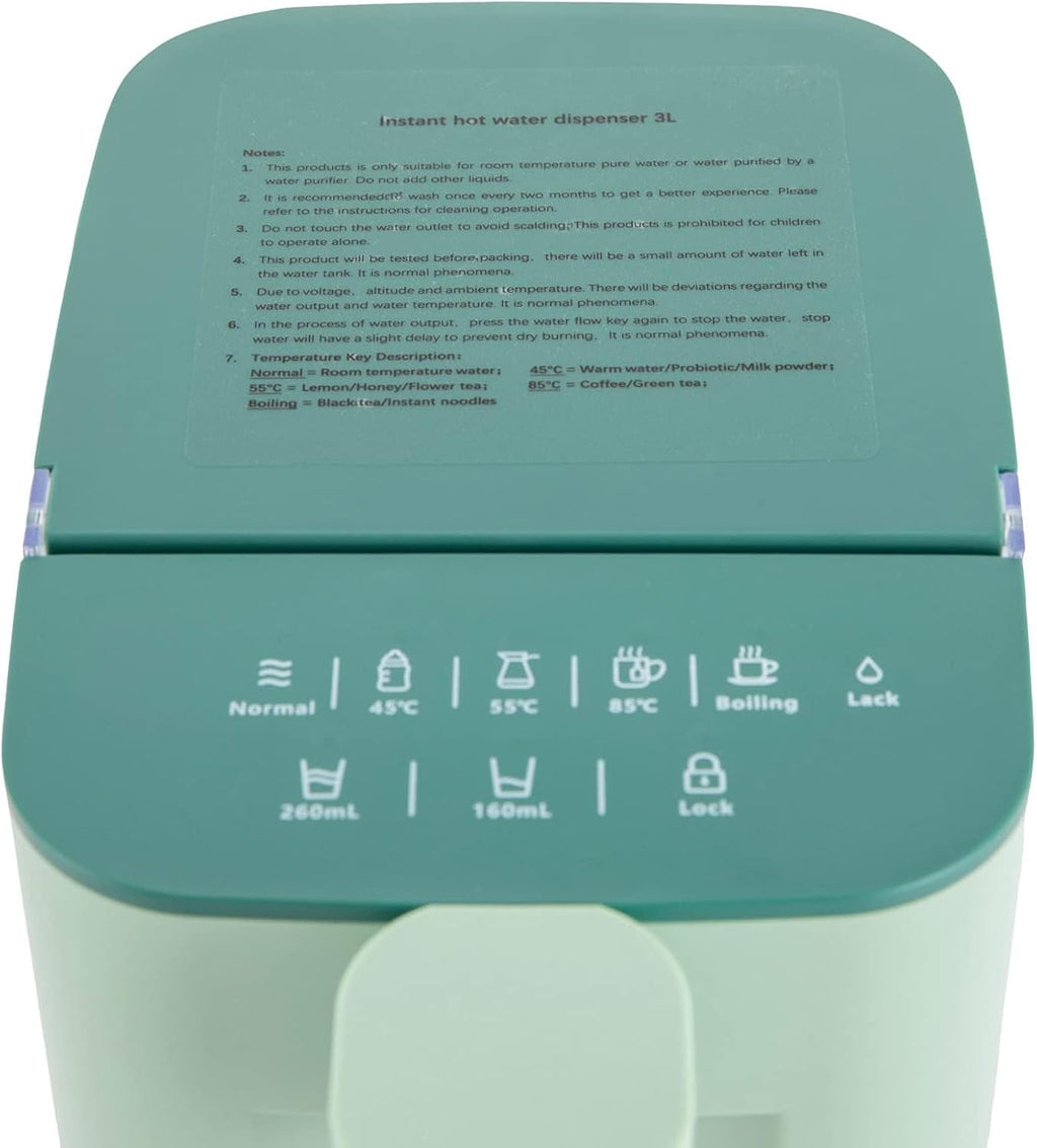 Instant Hot Water Dispenser, Countertop Water Dispenser System for Quick Heating & Outputting, Adjustable 5 Temperatures & 2 Water Outputs, 3L Water Tank Capacity,Green