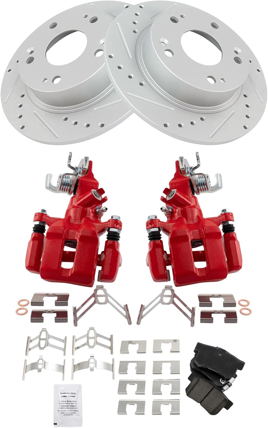 TRQ Performance Rear Brake Pad and Rotor Set Ceramic Coated Slotted Drilled Rotors Calipers Red Compatible with 2004-2008 Acura TSX 2003-2007 Honda Accord