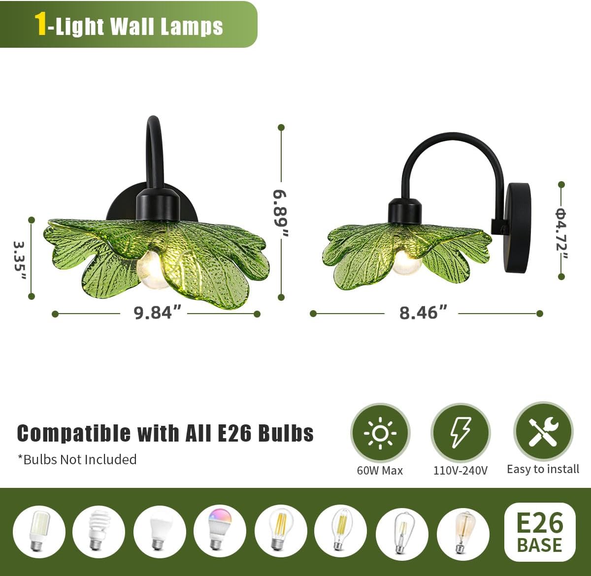 Matte Black Vanity Lighting Fixture Bathroom Wall Sconce Set of 2 Vintage Wall Sconce Lights Wall Lamp with Green Glass Shade Bathroom Vanity Light Over Mirror for Bedroom Hallway Living Room