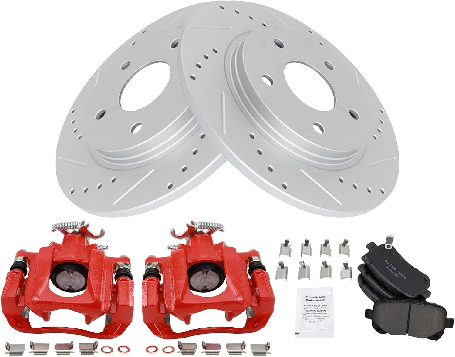 TRQ Performance Rear Brake Pad and Rotor Set Ceramic Coated Drilled Slotted Rotors Calipers Compatible with 08-12 Chrysler Town & Country Dodge Grand Caravan 09-12 Volkswagen Routan 2012 Ram Cargo Van