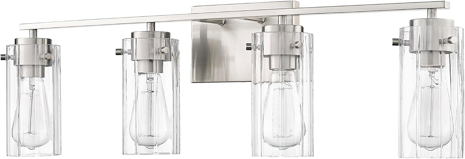 ML Lighting | Serena Collection | 10304-BN | 4 Light Vanity in Brushed Nickel Finish with Clear Ribbed Glass Shade | Versatile Design That adds High-End Texture and Elegance to Your Bathroom