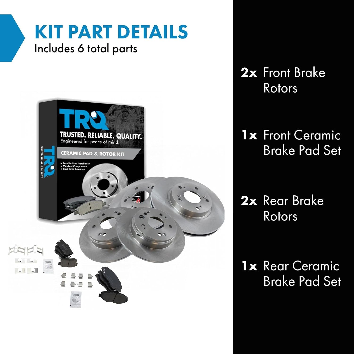 TRQ Front and Rear Brake Pad and Rotor Set Ceramic Vented Solid Rotors Compatible with 2002-2004 Honda CR-V