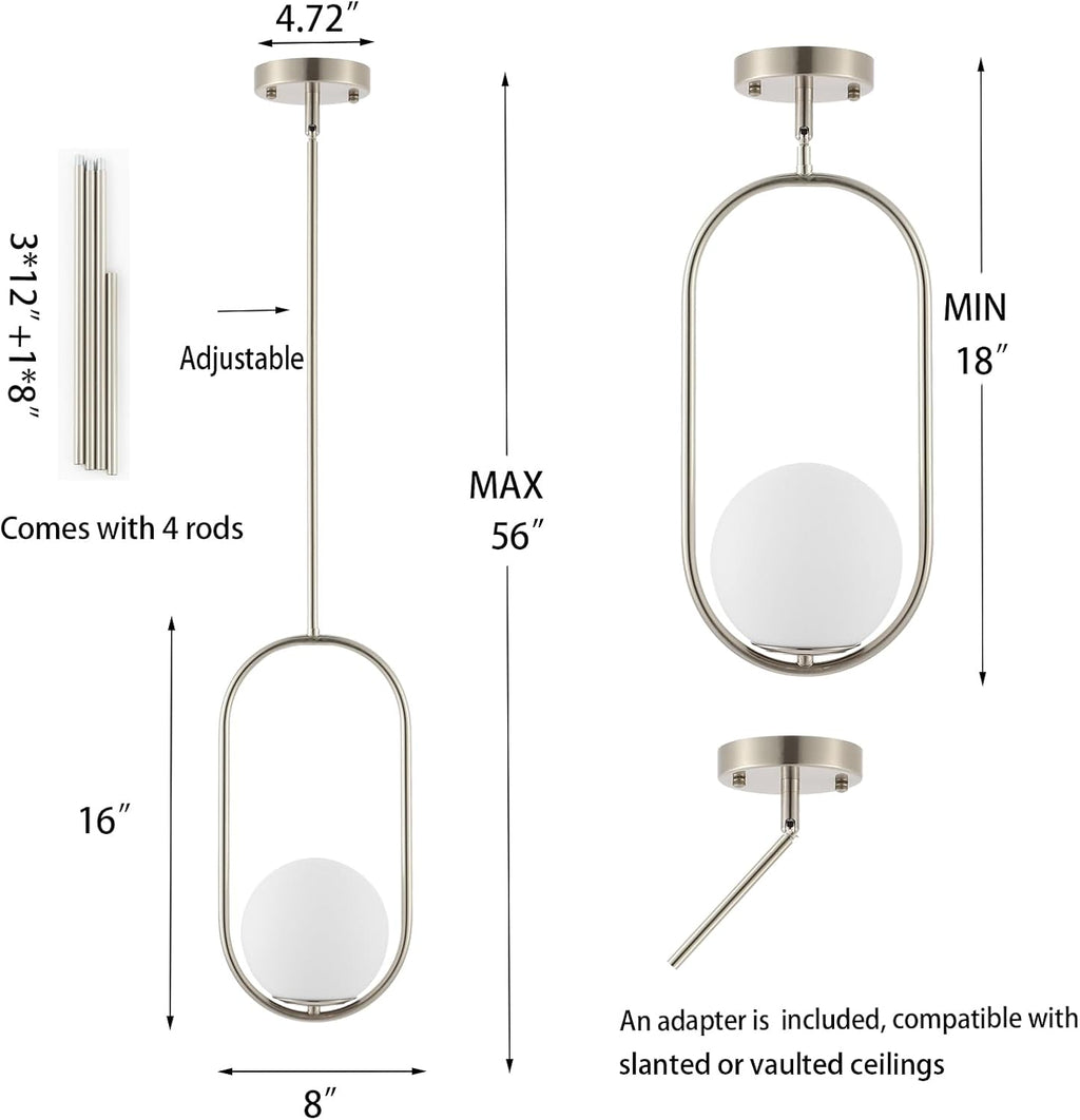 BYOLIIMA Modern Globe Pendant Light Brushed Nickel Chandelier 1-Light Mid Century Ceiling Hanging Lighting Fixture White Globe Glass Shades for Kitchen Island Dining Room Bedroom (2 Pack)
