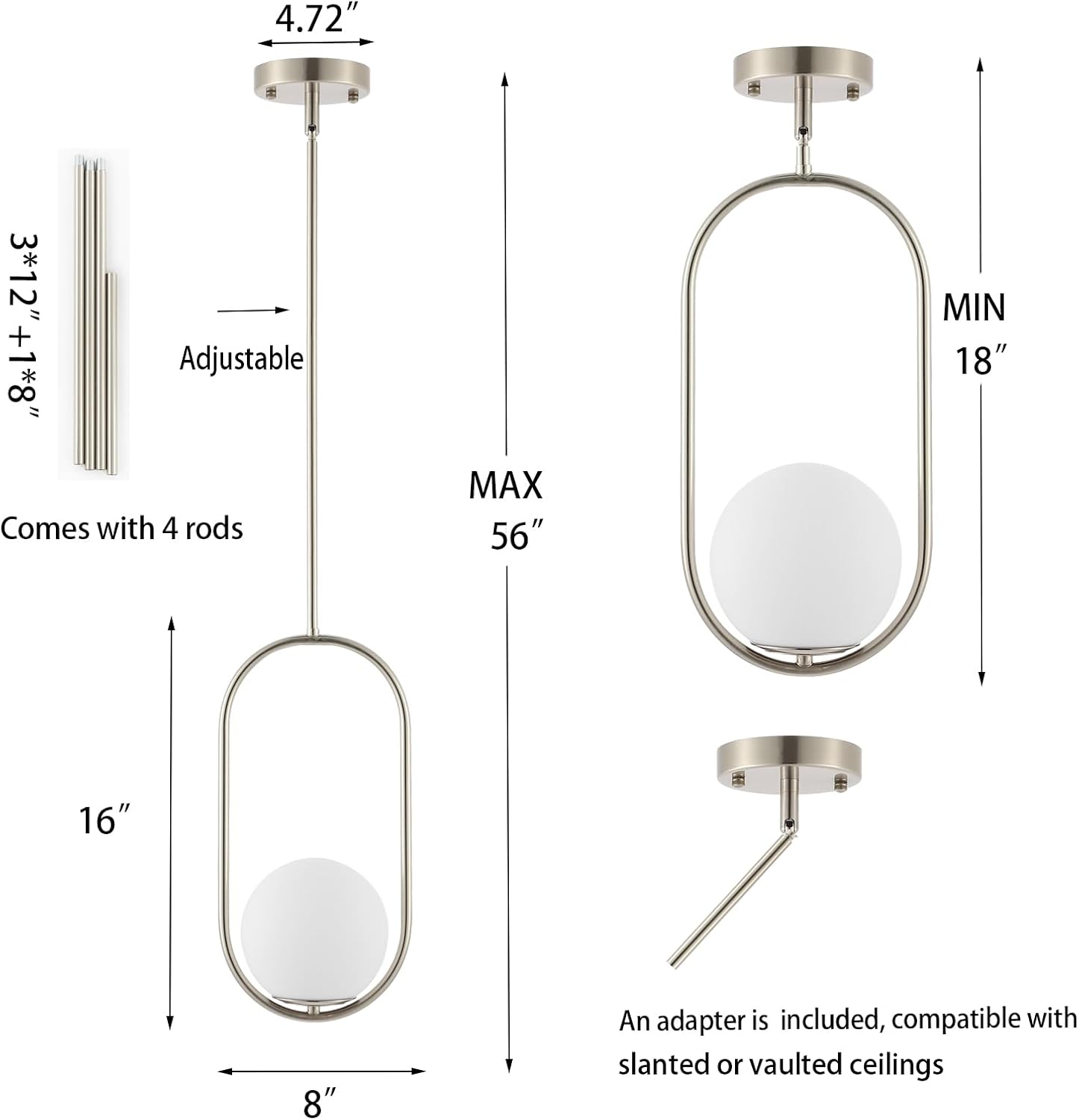 BYOLIIMA Modern Globe Pendant Light Brushed Nickel Chandelier 1-Light Mid Century Ceiling Hanging Lighting Fixture White Globe Glass Shades for Kitchen Island Dining Room Bedroom (2 Pack)