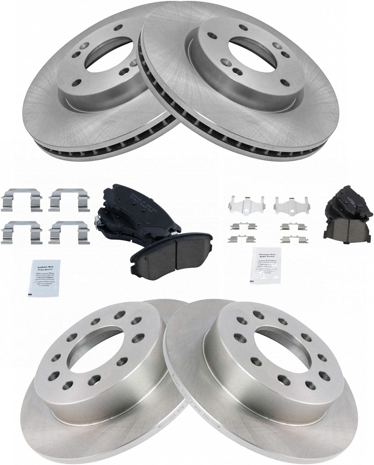 TRQ Front and Rear Brake Pad and Rotor Set Ceramic Vented Solid Rotors Compatible with 2003-2008 Hyundai Tiburon