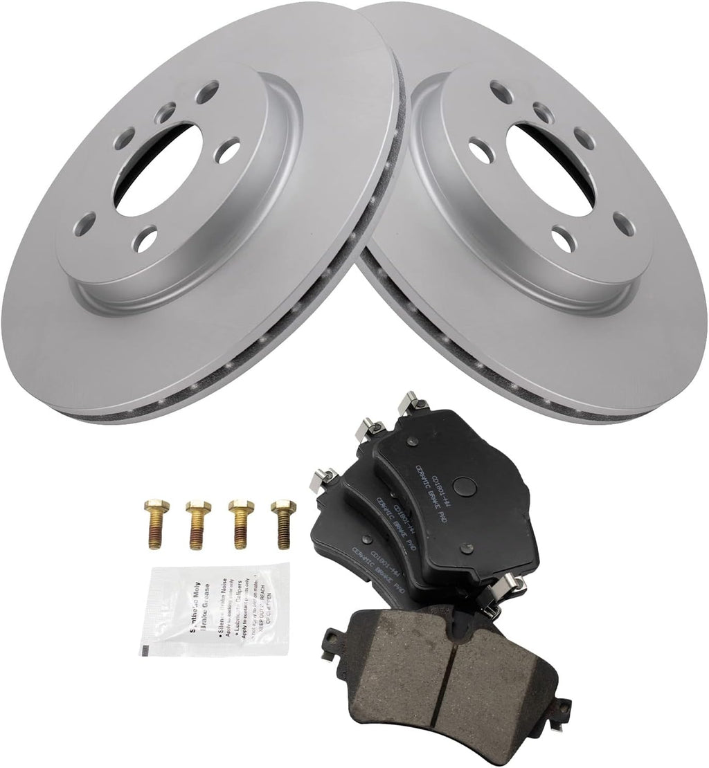 TRQ Front Brake Pad and Rotor Set Ceramic G Coated Vented Rotors Compatible with 2014-2019 Mini Cooper 2016-2018 Cooper Clubman
