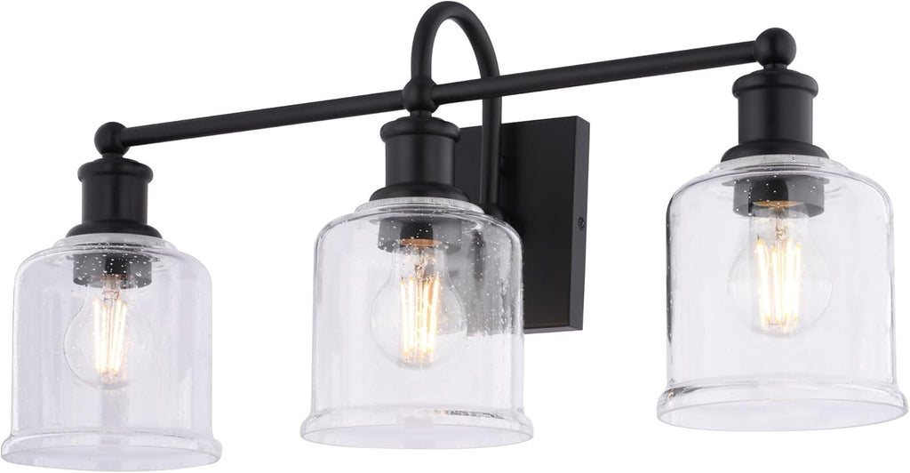 VAXCEL Northbrook 3-Light 24 in. Wide Matte Black Traditional Bathroom Vanity Lighting Fixture, Clear Seeded Glass Shade, Dimmable, LED Compatible, Over The Mirror Mounted Steel Wall Sconce