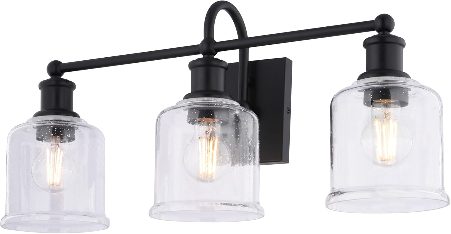 VAXCEL Northbrook 3-Light 24 in. Wide Matte Black Traditional Bathroom Vanity Lighting Fixture, Clear Seeded Glass Shade, Dimmable, LED Compatible, Over The Mirror Mounted Steel Wall Sconce