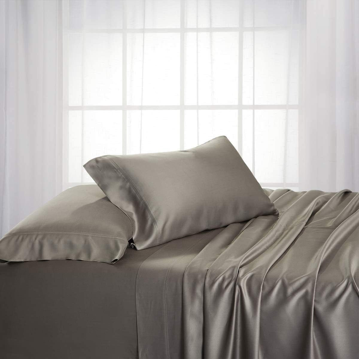 Solid 600-Thread-Count, Viscose Derived from Bamboo, Super Soft and Cool Full Bed Sheets Set (Full, Grey)