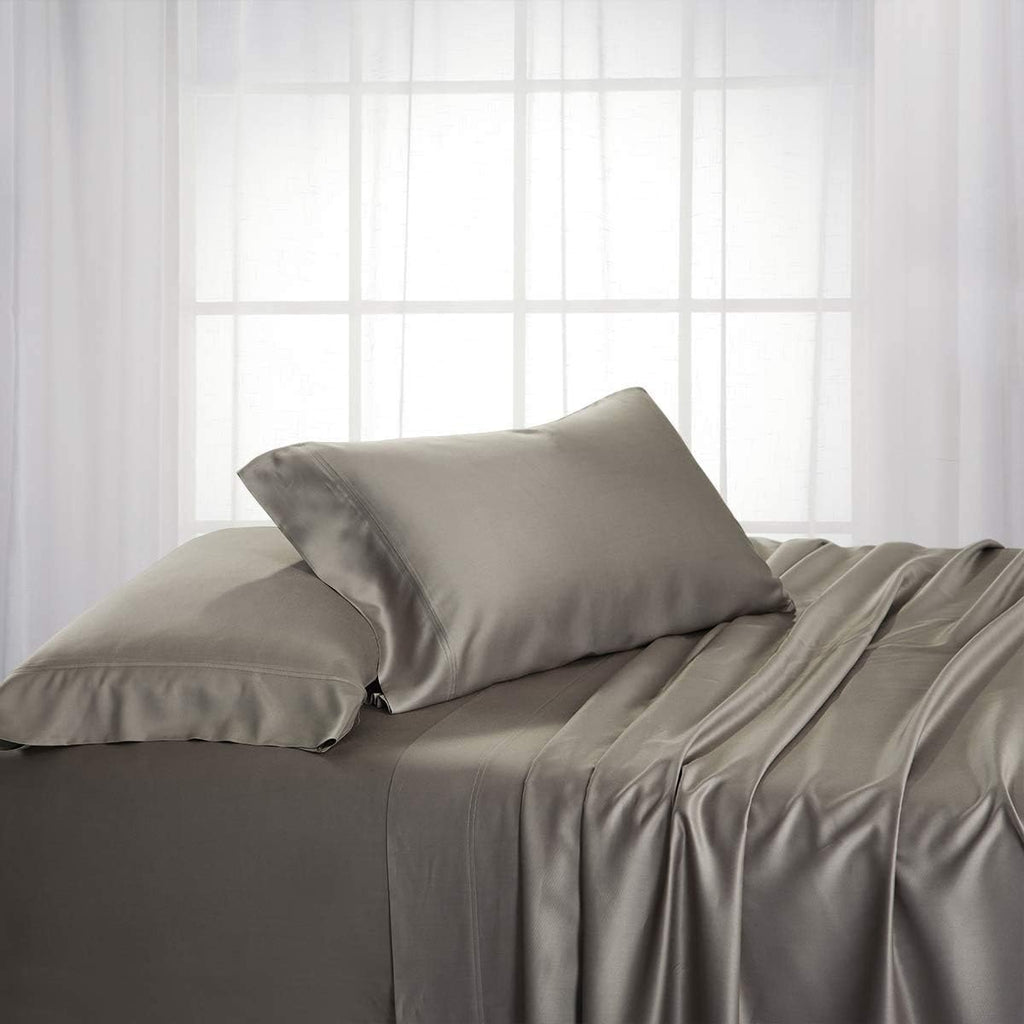 Solid 600-Thread-Count, Viscose Derived from Bamboo, Super Soft and Cool Bed Sheets Set (Twin Extra Long-XL, Grey)