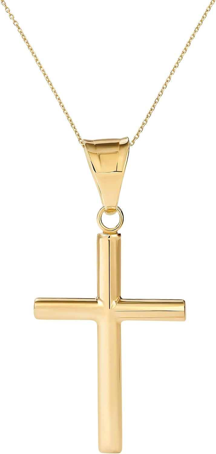 Amanda Rose Collection Dainty Tube Cross Pendant for Women – Choice of 10K or 14K Yellow or White Gold – Real Gold Cross Necklace Charm, Pendant Only or with Adjustable Gold Chain