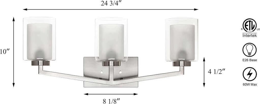 XiNBEi Lighting Brushed Nickel Bathroom Vanity Light, Modern 3-Light Bathroom Light Fixture with Dual Glass Shade Iron Wall Sconce Lighting Over Mirror XB-W1294-3-BN