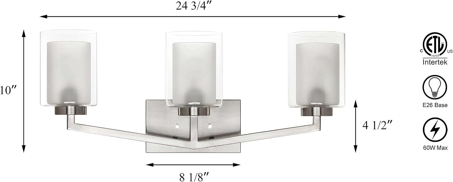 XiNBEi Lighting Brushed Nickel Bathroom Vanity Light, Modern 3-Light Bathroom Light Fixture with Dual Glass Shade Iron Wall Sconce Lighting Over Mirror XB-W1294-3-BN