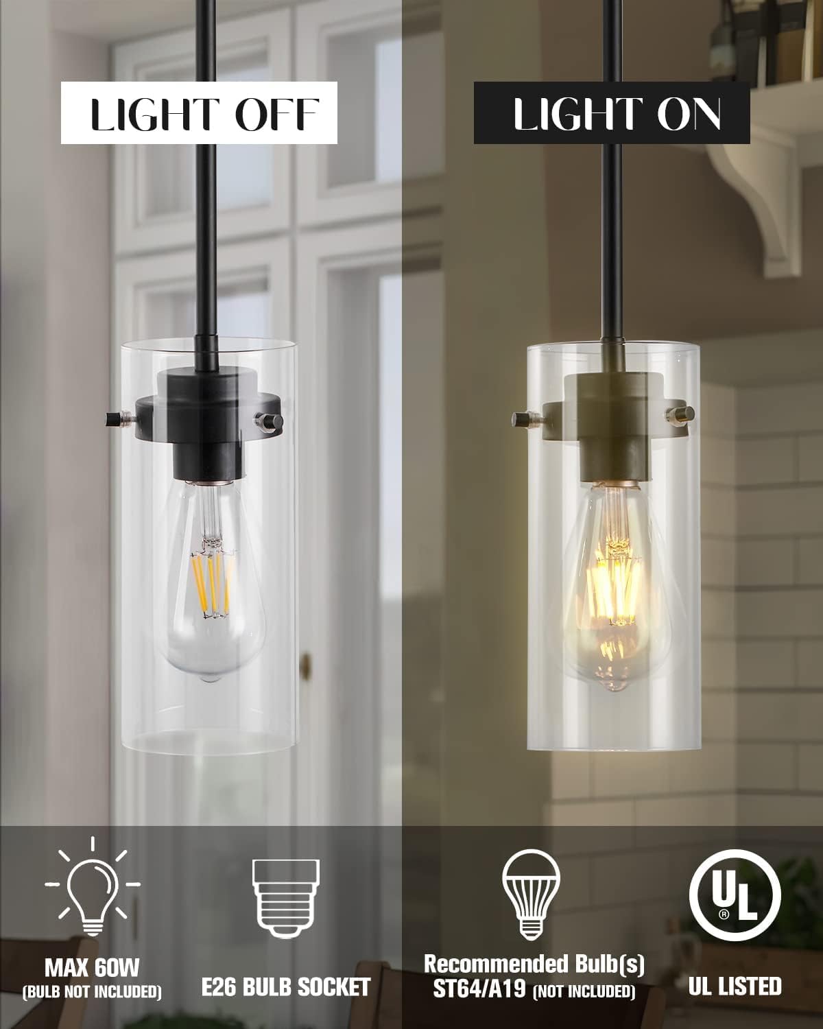 EAPUDUN Pendant Lights Kitchen Island (3 Pack), Clear Glass Shade Kitchen Lighting fixtures Ceiling Hanging, Black Pendant Lights for Kitchen Island,Dining Room,Corridor Bedroom E26 Base