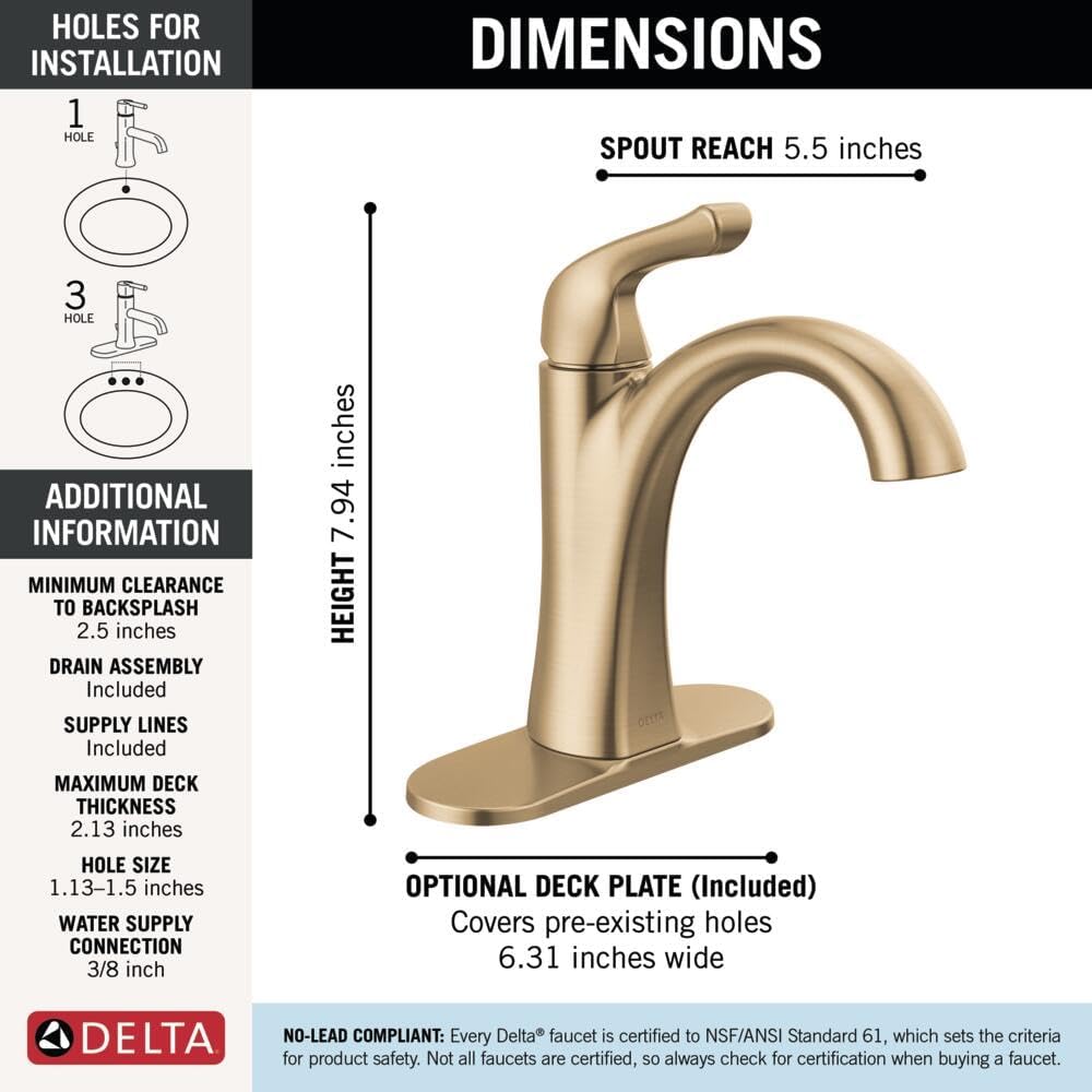 Delta Arvo Brushed Gold Bathroom Faucet 1 Hole, Single Hole Bathroom Sink Faucet for Vanity, Push-Pop Drain Assembly, Champagne Bronze 15840LF-CZ