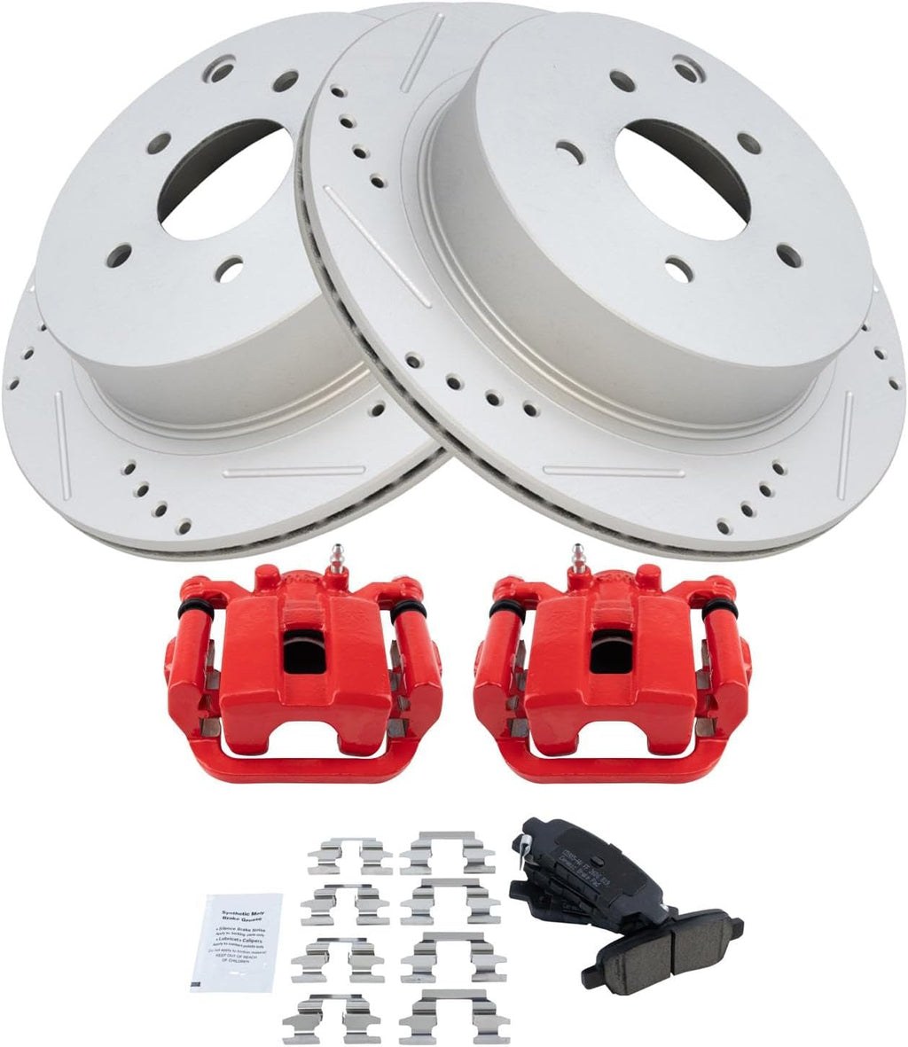 TRQ Performance Rear Brake Pad and Rotor Set Ceramic Coated Drilled Slotted Vented Rotors Calipers Compatible with 2003-2007 Nissan Murano 2004-2009 Quest
