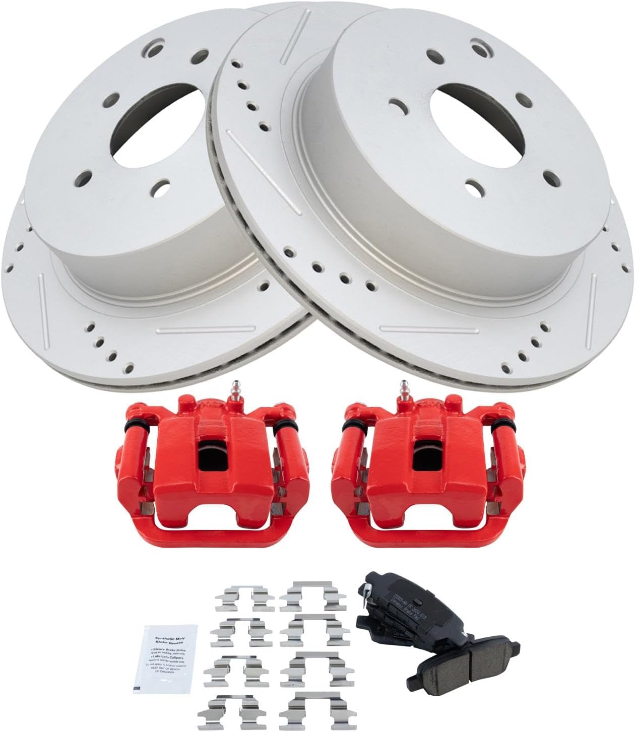TRQ Performance Rear Brake Pad and Rotor Set Ceramic Coated Drilled Slotted Vented Rotors Calipers Compatible with 2003-2007 Nissan Murano 2004-2009 Quest