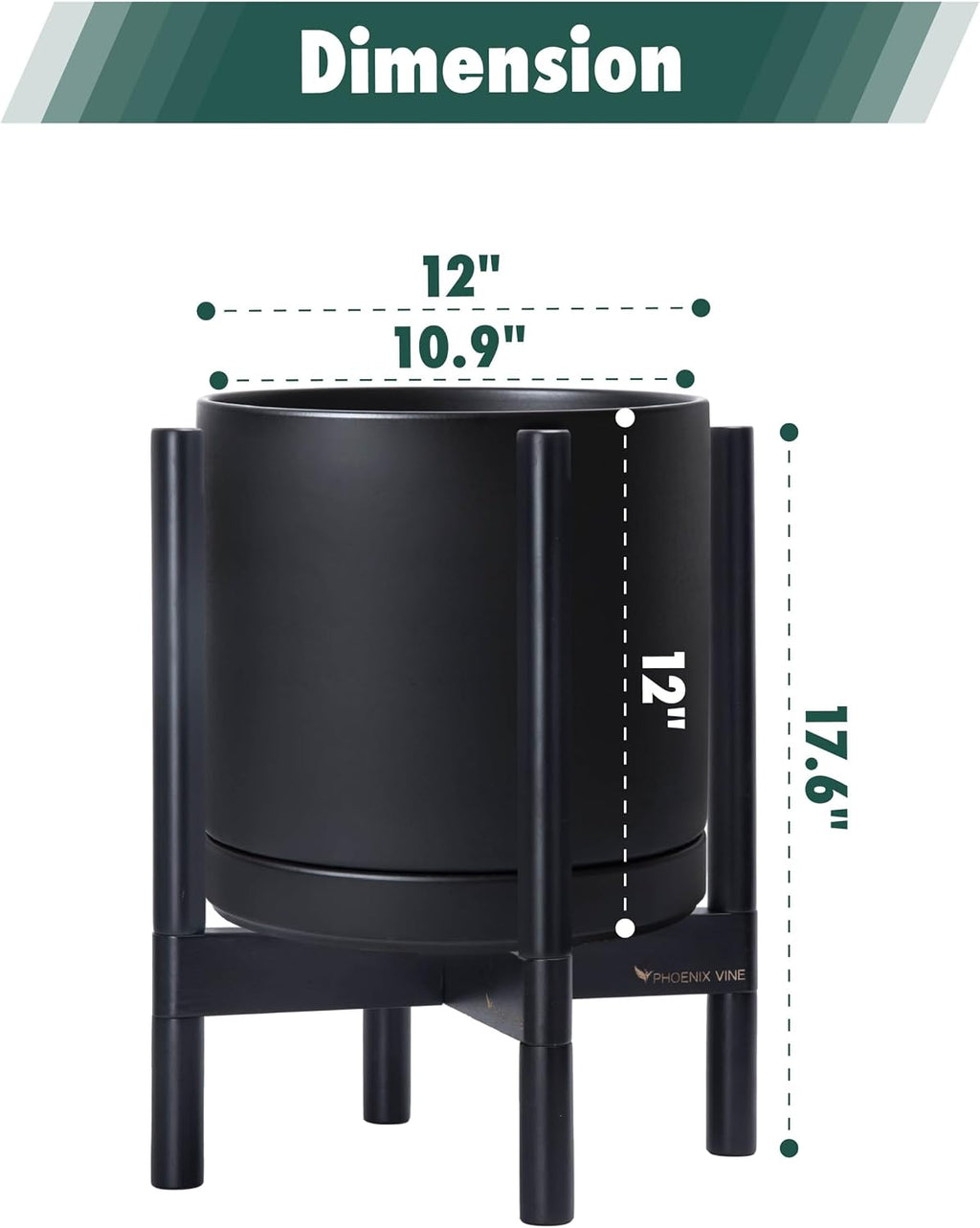D'vine Dev Ceramic Planter with Ebony Stand - 12 Inch Modern Round Flower Pot with Wood Planter Holder, Black, 55-B-H-2