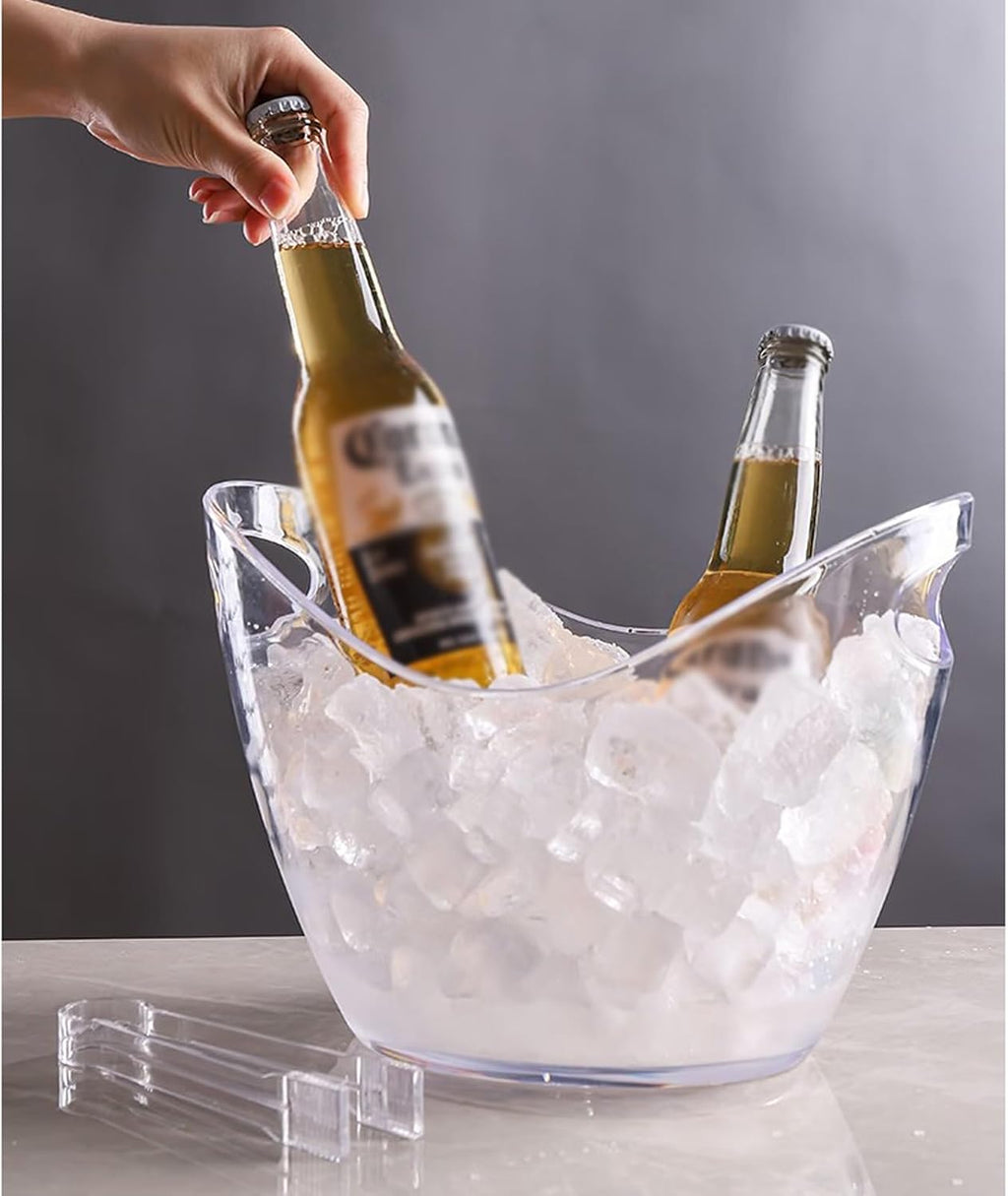 Ice Bucket Clear Acrylic Ice Bucket with Ice Tongs, 8 Liter Plastic Tub Oval Storage Bucket Ice Buckets for Drinks and Parties Plastic Wine Bucket, Beer Bucket, Champagne Bucket Keeps Ice Cold & Dry (