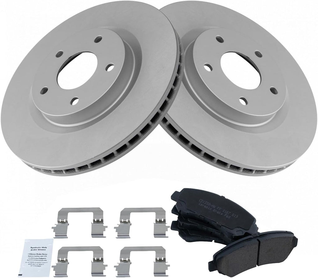 TRQ Front Brake Pad and Rotor Set Ceramic Coated Rotors Compatible with 2008-2013 Nissan Rogue 2014-2015 Rogue Select 2007-2008 Sentra