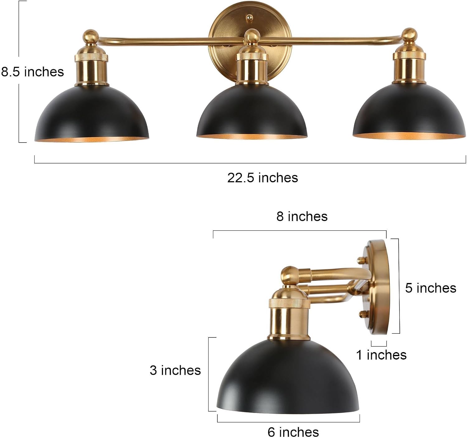 KSANA Black Brass Vanity Light, Modern Farmhouse Black and Gold Dome Bathroom Light, 3-Light Wall Lighting Fixture for Kitchen, Bedroom and Hallway