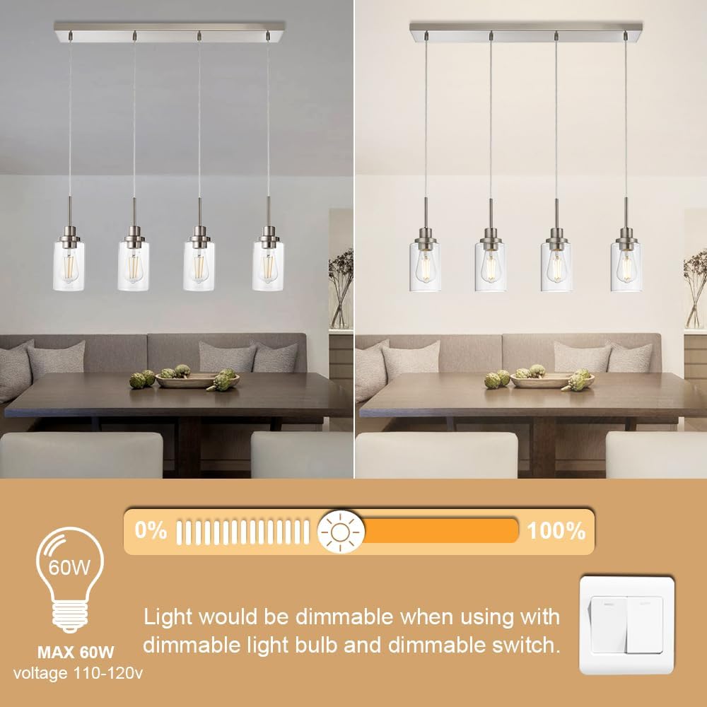 4-Lights Pendant Light Fixtures, Modern Brushed Nickel Kitchen Island Lighting with Clear Glass Shade, Adjustable Hanging Ceiling Lamp