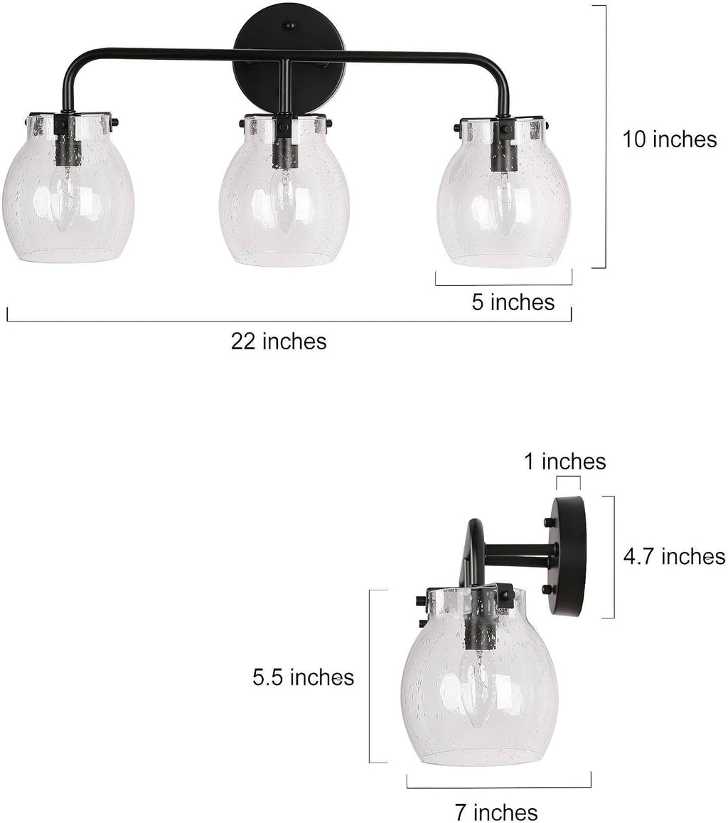 KSANA Black Bathroom Light Fixtures, 3 Light Matte Black Vanity Lights for Bathroom with Seeded Glass Globe, 22' Modern Farmhouse Bathroom Lights Over Mirror