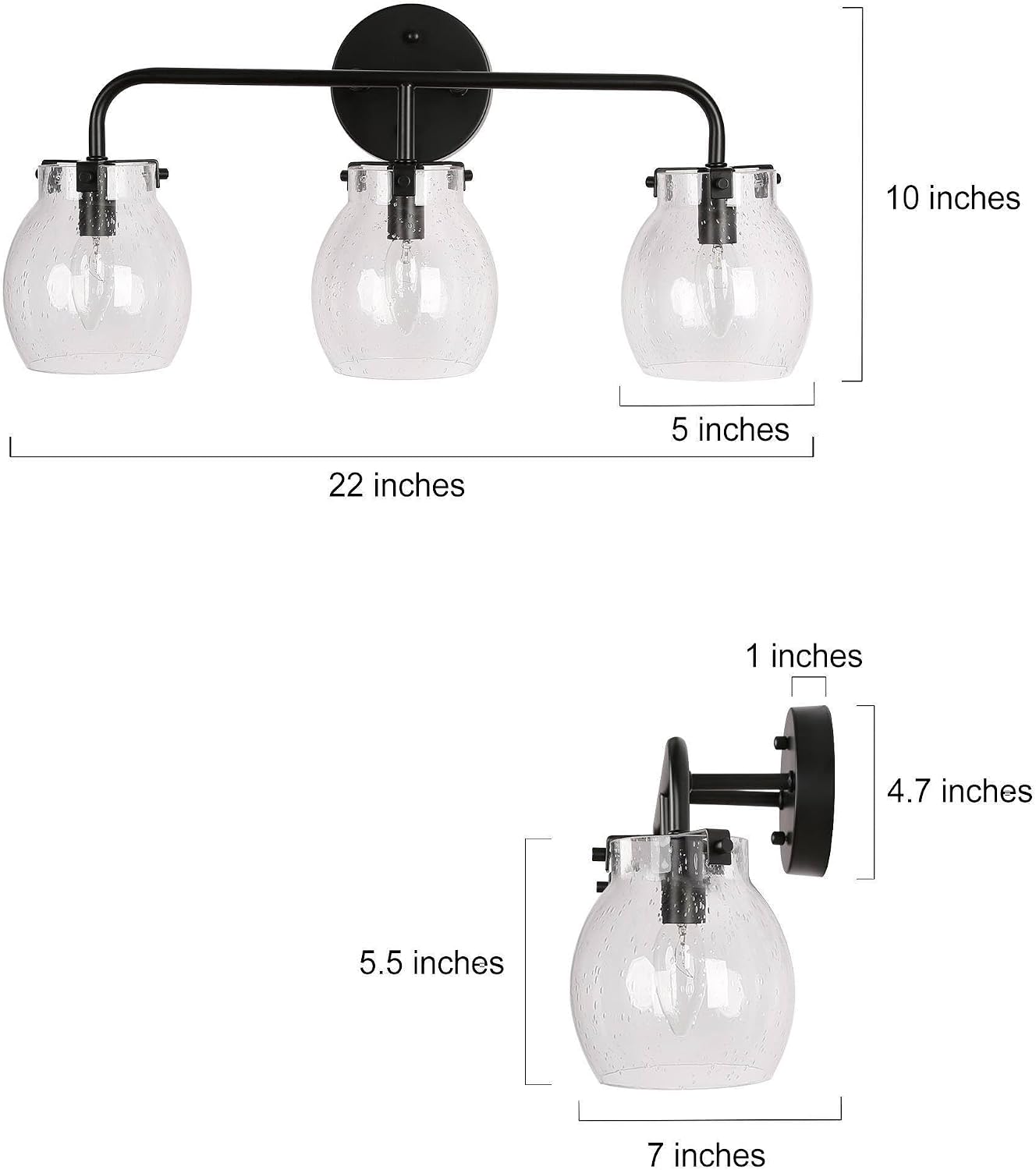 KSANA Black Bathroom Light Fixtures, 3 Light Matte Black Vanity Lights for Bathroom with Seeded Glass Globe, 22' Modern Farmhouse Bathroom Lights Over Mirror