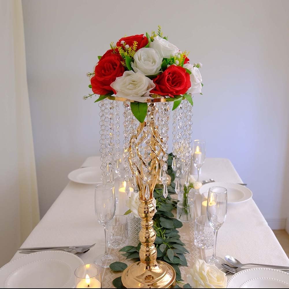 16 pcs 21.65 Inch Wedding Gold Flower Centerpieces Crystal Metal Flower Vase Wedding Centerpieces for Tables Decorations