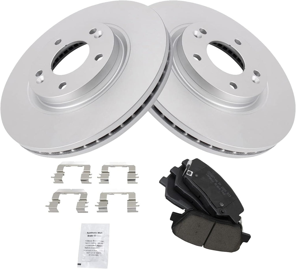 TRQ Front Ceramic Brake Pad and Rotor Set Coated 11.81 in 5-Lug for 2010-2012 Hyundai Santa Fe 2011-2013 Kia Sorento with 300mm Front Rotors Models