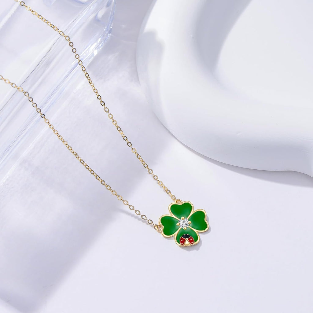 Aihpos Four Leaf Clover Necklace for Women 14K Solid Gold Green Lucky 4 Leaf Clover Necklace Ladybug Necklace