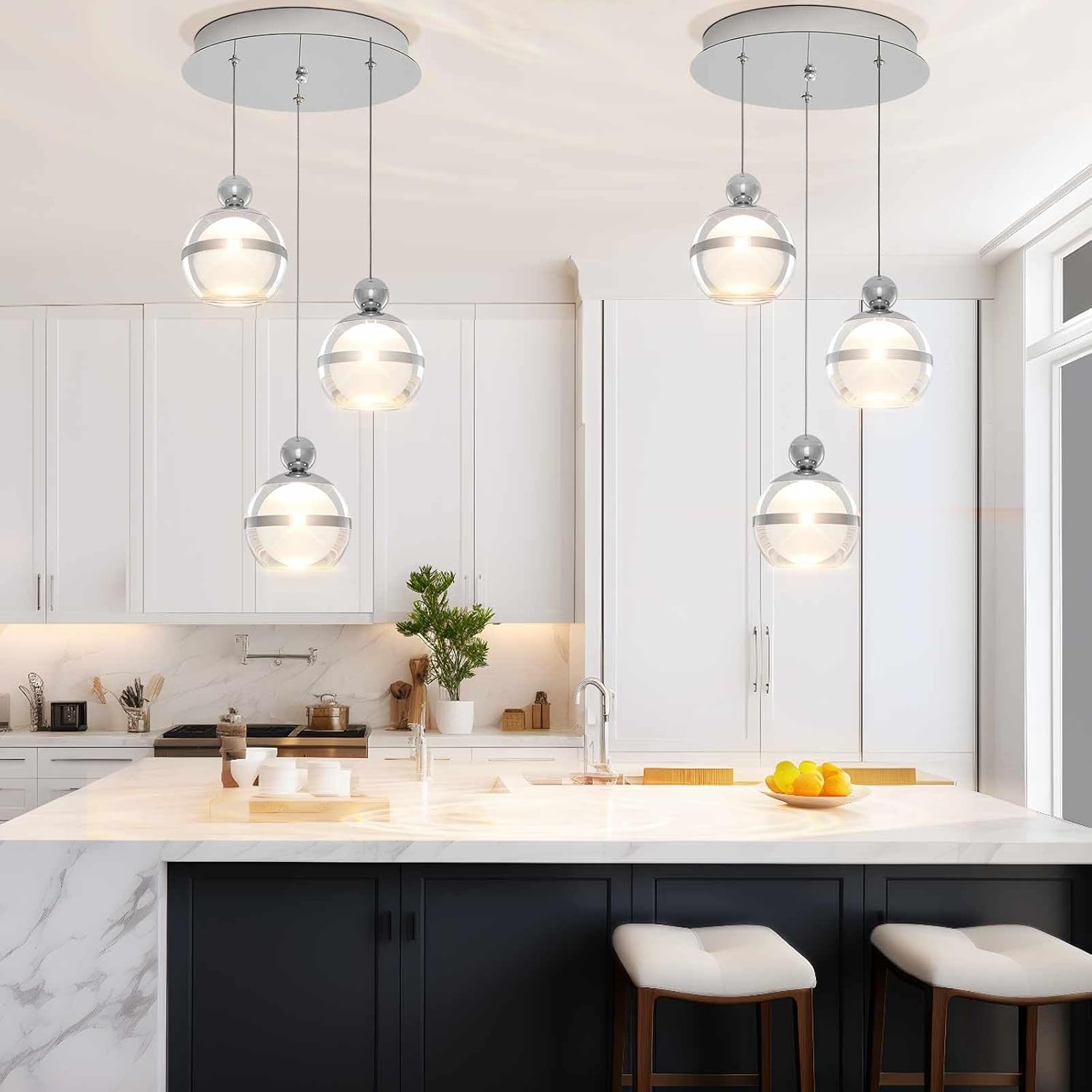 Cluster Acrylic Pendant Lighting, 3 Light Chrome Globe LED Hanging Pendant Light Fixtures with Dimmable, Modern Pendant Lights Kitchen Island for Dining Room Living Room Bedroom Stairs
