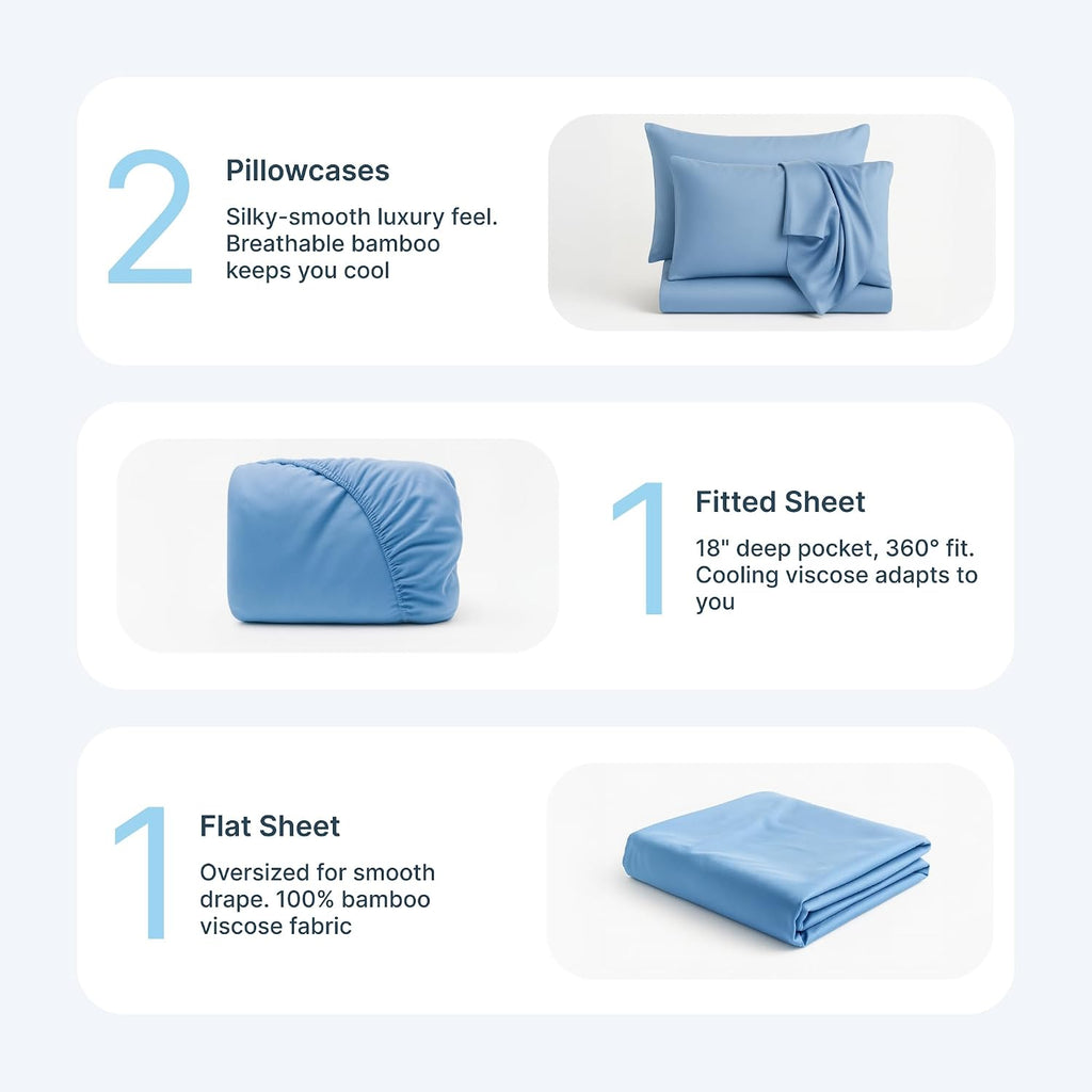 BedVoyage - Viscose from Bamboo Split King Size Sheets Set - Luxury 5pc King Sheet Set - Cooling Bed Sheets 18' Deep Pocket - Ultra Soft Sheet and Pillowcase Sets -Ocean