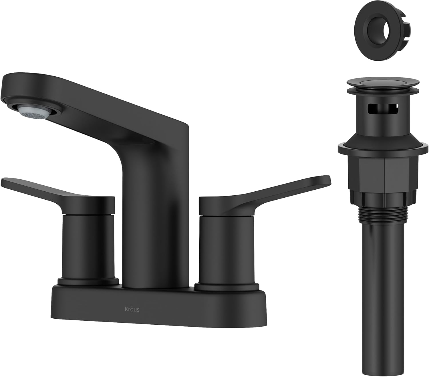 KRAUS Indy Centerset Bathroom Faucet in Matte Black with 2 Handles, Pop Up Drain and Supply Lines, FUS-14102MB