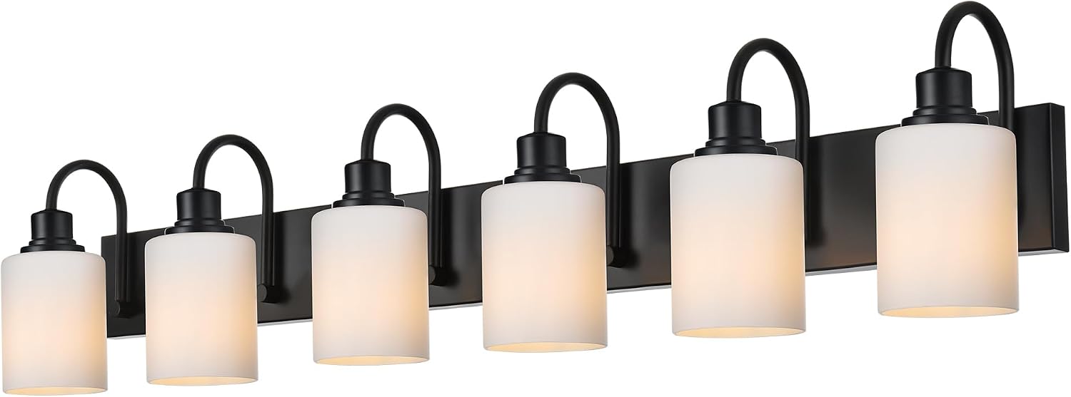 6 Light Wall Lighting Fixture in Matte Black Finish,Classic Bathroom Vanity Light with Opal White Glass Shade Modern Wall Lamp Sconces for Hallway Makeup Table
