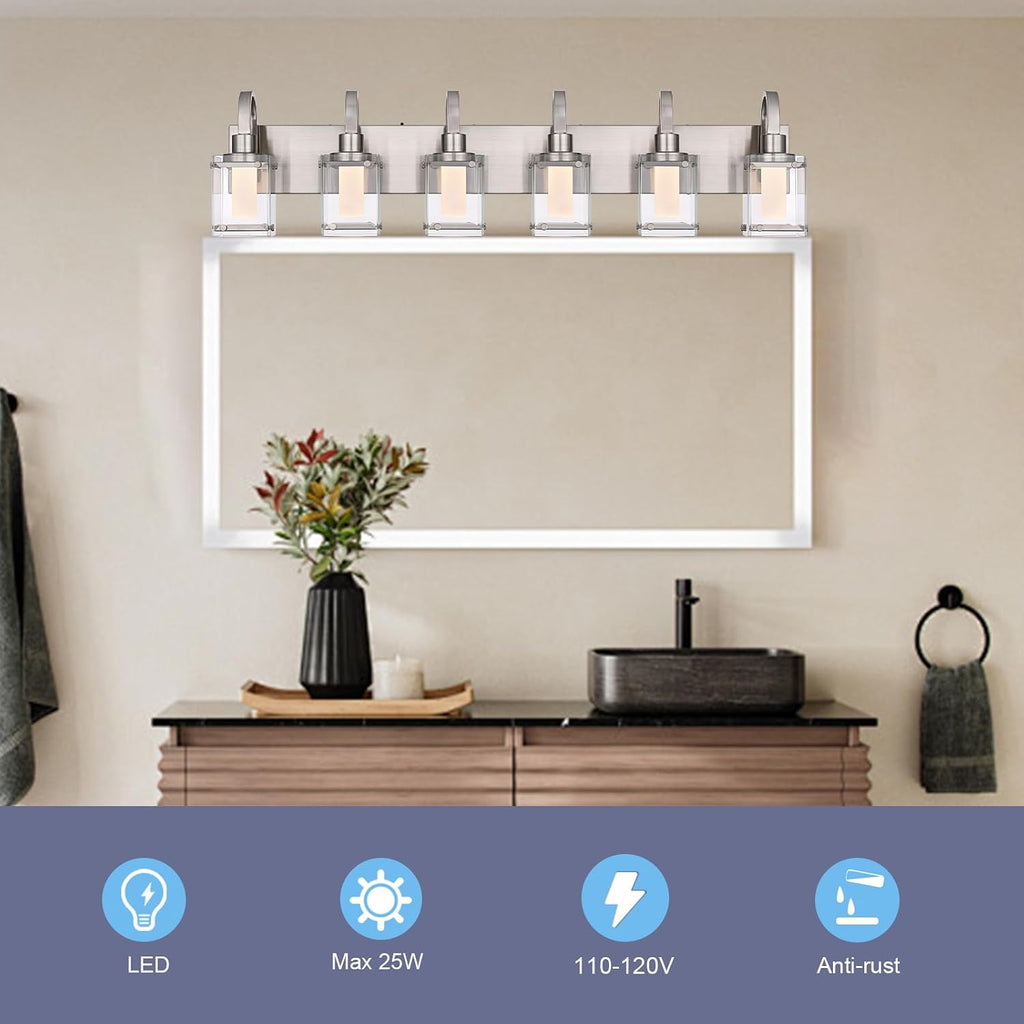 5-Light Brushed Nickel Vanity Light Fixtures, Modern LED Bathroom Wall Lights for Dressing Room, Integrated LED Chips with Frosted Column & Clear Square Glass Shades, Energy Saving Wall Sconce