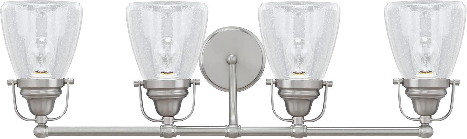 Aspen Creative 62100, Four-Light Metal Bathroom Vanity Wall Light Fixture, 32 1/2' Wide, Transitional Design in Brushed Nickel with Clear Seedy Glass Shade