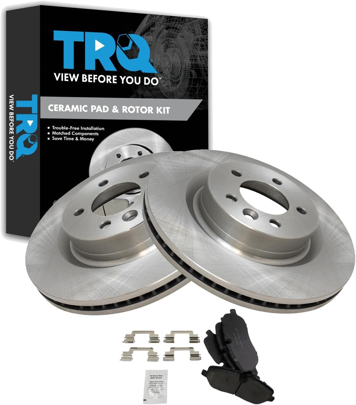 TRQ Front Brake Pad and Rotor Set Ceramic Vented Rotors Compatible with 2005-2009 Land Rover LR3 2006-2009 Range Rover Sport