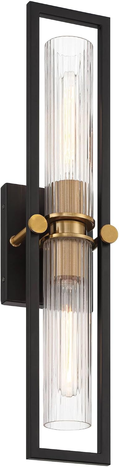 Stiffel Ramos 24' High Modern Art Deco 2 Light Wall Sconce Light Lamp Fixture Mount Bathroom Bedroom Bedside Living Room Hardwired Cordless Matte Black Antique Brass Glass Shade Indoor Kitchen