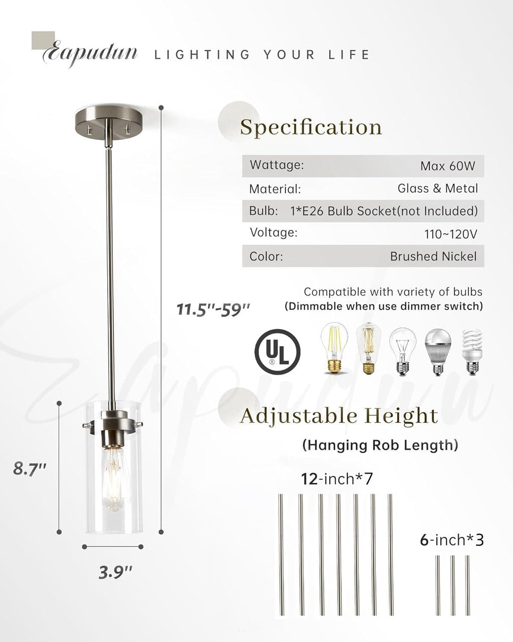 EAPUDUN Pendant Lights Kitchen Island (3 Pack), Clear Glass Shade Kitchen Lighting fixtures Ceiling Hanging, Brushed Nickel Light for Kitchen Island,Dining Room,Corridor Bedroom E26 Base
